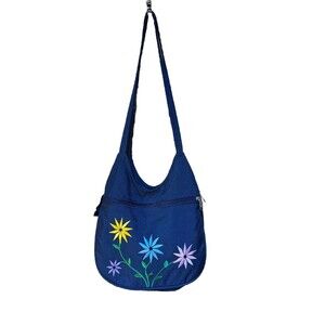 VTG Embroidered Flowers Shoulder Bag  Handbags By Jean Blue Canvas Boho Pockets